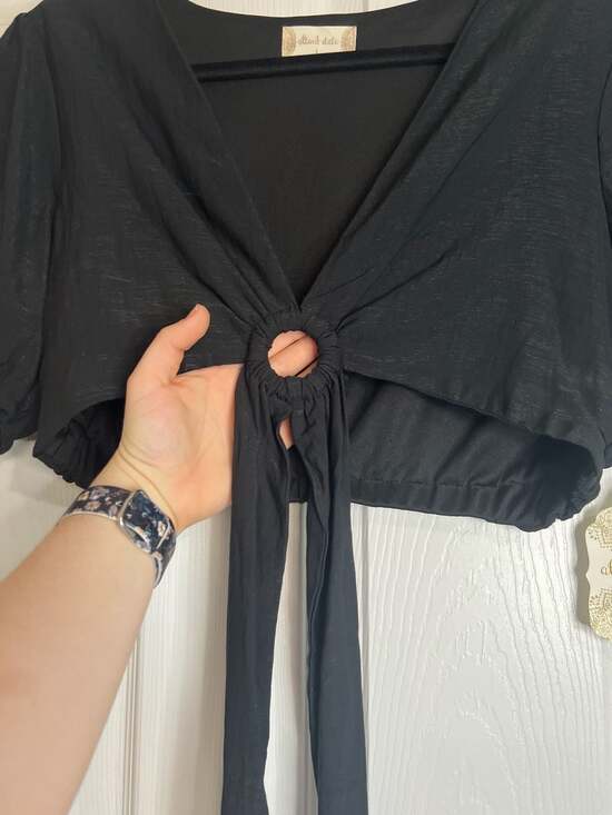 Altar'd State Black Tie-Front Puff Sleeve O-Ring Cropped Blouse - Picture 4 of 6